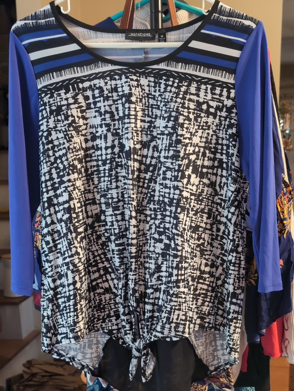 Notations Black, White & Purple Abstract Tie-Hem 3/4 Sleeve Top